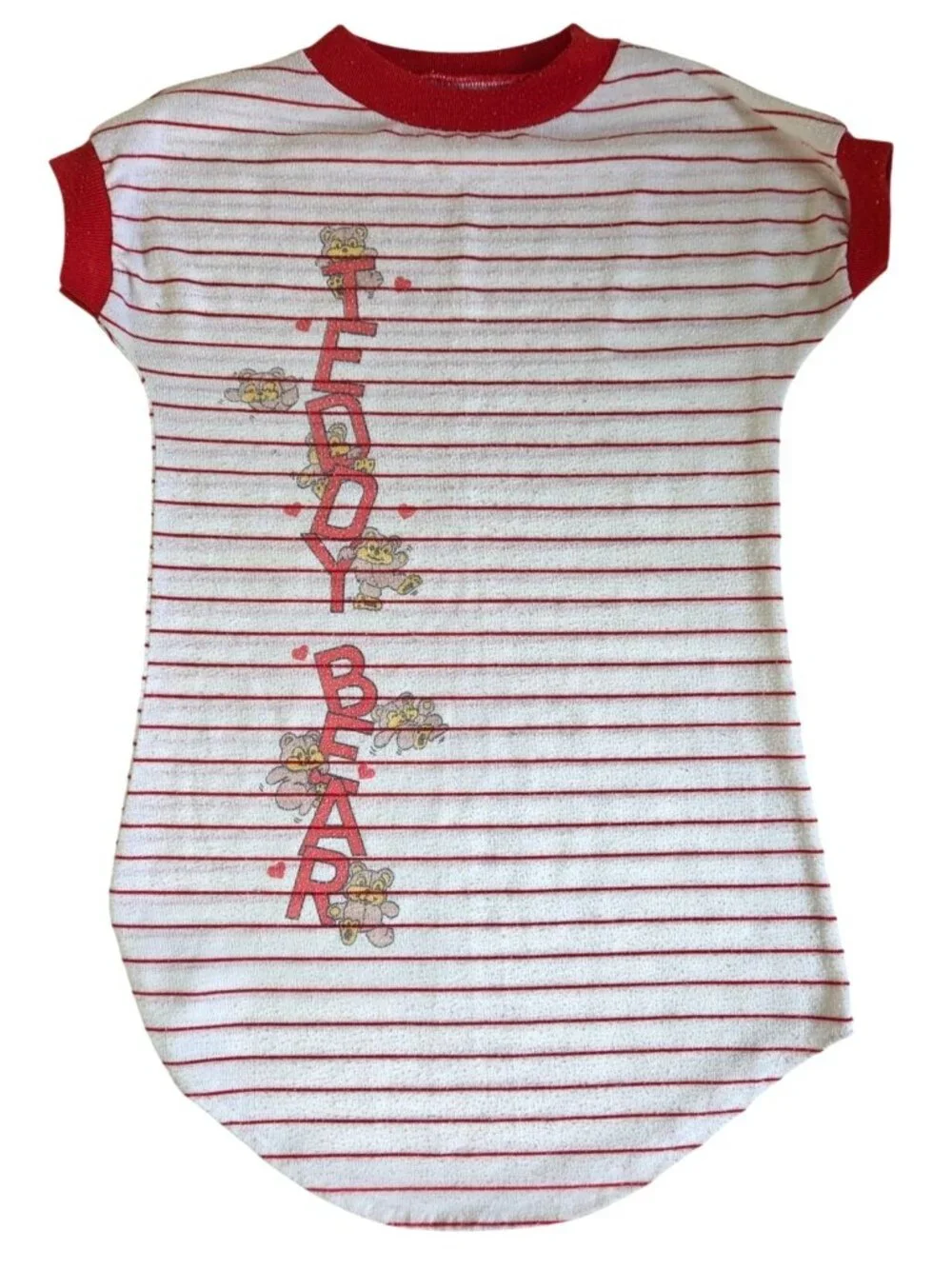 Vtg Toddler Night Gown Red White Striped Teddy Bear Graphic Sleepshirt 3T Rad